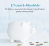 A white piggy bank sits on a white surface with coins scattered around it, set against a blurred light blue and white background. Text above the piggy bank reads "Efficient & Affordable" and "We believe every family should enjoy fresher, great-tasting wate Produktbild-Vorschau