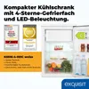A white refrigerator with its door open, showcasing its interior and contents. The image also features marketing badges and text. Produktbild-Vorschau