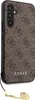 A close-up view of a phone case with a brown Guess logo pattern and a gold charm attached. Podgląd zdjęcia produktu