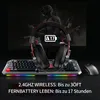A gaming headset, keyboard, and mouse are displayed in front of a computer screen showing a video game. Produktbild-Vorschau