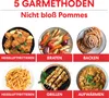 A collage of food images demonstrating different cooking methods, with German text labels. Produktbild-Vorschau