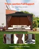 A gazebo with brown privacy curtains and outdoor furniture inside, with close-up shots of the curtain attachments. Náhľad obrázku produktu