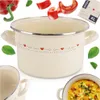 A collage of an enamel pot with decorative hearts, surrounded by ingredients like bell peppers and basil leaves, and a close-up of soup in a pot. Produktbild-Vorschau