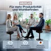 Four people sitting on stools in a modern office setting, engaged in a discussion. Produktbild-Vorschau