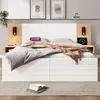 A modern white and wood tone bed frame with integrated nightstands and headboard lighting. Produktbild-Vorschau