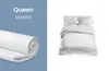A split image showing a rolled-up mattress topper on the left and a made bed with white bedding on the right. Náhled obrázku produktu