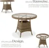 A collage of images showcasing a wicker-style garden table from different angles, accompanied by descriptive text about its construction and design. Produktbild-Vorschau