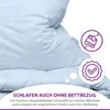 A close-up of a light blue textured comforter or duvet, with marketing icons and text overlay. Produktbild-Vorschau