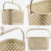 A collage of four close-up shots of a beige laundry basket with a patterned design and a handle. Podgląd zdjęcia produktu