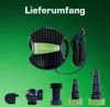 A pond pump and its accessories are displayed against a green textured background with text at the top. Produktbild-Vorschau
