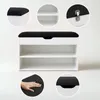 A shoe cabinet with a padded seat, shown with close-up details of its features. Produktbild-Vorschau