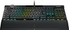 A black Corsair K100 RGB gaming keyboard with multicolored RGB lighting is shown from a front-facing, slightly elevated angle on a white background. Produktbild-Vorschau