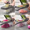A collage of four images showing a multi-functional vegetable slicer in use, demonstrating its ability to chop various vegetables into different shapes. Náhled obrázku produktu