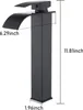 A black waterfall faucet with dimensions indicated. Produktbild-Vorschau