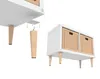 A white cabinet with two woven baskets and four wooden legs, shown from a side and underneath angle, with one leg detached to show assembly. Produktbild-Vorschau