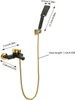 A diagram showing the dimensions of a black and gold bathtub faucet and showerhead set. Podgląd zdjęcia produktu