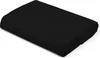 A folded black satin bed sheet on a white background.
