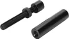 Two black metal computer hardware components are shown against a white background. One is a threaded rod with a knurled nut and a cap. The other is a cylindrical sleeve with a threaded opening. Produktbild-Vorschau