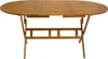 A wooden oval garden table with folding legs, shown from the front on a white background. Produktbild-Vorschau