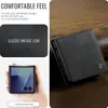 A collage of images showcasing a black leather flip phone case, including a close-up of the case and a hand holding a phone with the case on. Produktbild-Vorschau