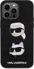 A black iPhone case with cartoon illustrations of Karl Lagerfeld and his cat Choupette, along with the brand name. Produktbild-Vorschau