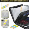 A black document organizer with multiple compartments and colorful labels, shown with close-up insets of the labels and compartments. Náhľad obrázku produktu