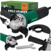 A collage of an angle grinder and its accessories, along with its packaging. Produktbild-Vorschau