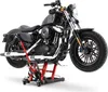 A black motorcycle is lifted by a red hydraulic scissor lift. Produktbild-Vorschau