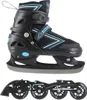 A pair of black inline skates with blue and white accents, shown with an interchangeable ice skate blade attachment. Anteprima dell’immagine prodotto