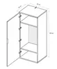 A 3D rendering of a white, single-door wardrobe with dimensions indicated. Produktbild-Vorschau