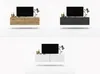 Collage of three different colored floating TV cabinets with televisions and decorative items on top. Produktbild-Vorschau