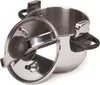 A stainless steel pressure cooker with its lid open, shown from a slightly elevated angle against a white background. Produktbild-Vorschau