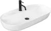 A white oval countertop sink with a black faucet. Náhled obrázku produktu