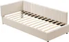 A beige upholstered daybed frame with a slatted wooden base is shown from a slightly elevated side angle against a white background. Náhľad obrázku produktu