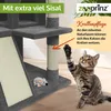 A cat is playing with a cat tree, with text overlays highlighting product features. Produktbild-Vorschau