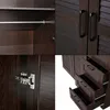 A collage of close-up images showing details of a dark wood wardrobe, including a hanging rod, door hinges, and drawers. Produktbild-Vorschau