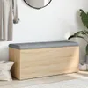 A storage bench with a gray upholstered top and a wood-effect body, placed in a hallway setting with a coat hanging on the wall and a plant in the background. Voir les images du produit