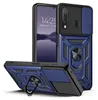 A blue and black armor phone case with a ring stand is shown from multiple angles, with a phone inside one of the cases displaying the time and date. Produktbild-Vorschau