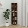 A corner bookshelf filled with books and decorative items, placed next to a potted plant and a curtain. Podgląd zdjęcia produktu