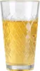 A clear glass tumbler filled with a yellow beverage, set against a white background. Produktbild-Vorschau