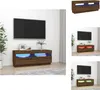 A collage of images showing a TV stand with LED lights in different colors, with a TV mounted on the wall above it. Náhled obrázku produktu