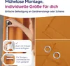 A collage of images showing a person measuring a curtain, close-ups of curtain fabric and grommets, and text overlays describing features. Produktbild-Vorschau