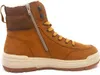 A side view of a brown leather boot with yellow laces and a white sole, set against a white background. Voir les images du produit