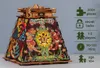 A wooden puzzle box shaped like a pyramid with colorful Mayan-inspired artwork, displayed next to a set of feature icons. Náhľad obrázku produktu