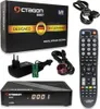 A collage of a digital satellite receiver and its accessories, including the box, power adapter, remote control, and cables. Produktbild-Vorschau