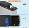 A split image showing different features of a car refrigerator, including the armrest, cup holders, and USB ports. Produktbild-Vorschau