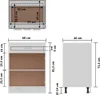This is a collage of technical drawings and dimensions for a cabinet. The top image shows the interior dimensions, and the bottom images show the front and side views with external dimensions. Produktbild-Vorschau