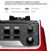 Close-up of the control panel of a red blender, with German text explaining its features. Produktbild-Vorschau