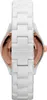 A close-up, top-down view of a white ceramic watch band with rose gold accents visible underneath. Produktbild-Vorschau