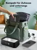 A hand is placing a black ultrasonic cleaner into a green bag. Other items like a phone and glasses are on the table. Produktbild-Vorschau